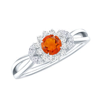 Fire opal and diamond flower engagement ring with split shank design from Rosec Jewels, showcasing intricate details and sparkling stones.
