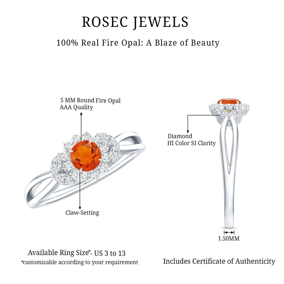 Fire Opal and diamond flower engagement ring with split shank from Rosec Jewels, featuring intricate floral design and sparkling gemstones.