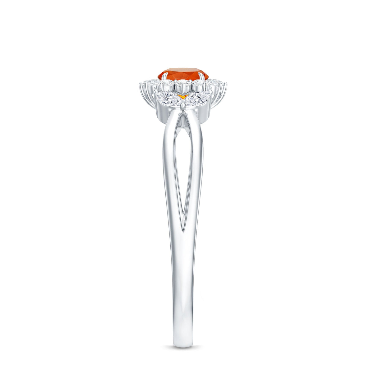 Fire opal and diamond flower engagement ring with split shank from Rosec Jewels, featuring a vibrant fire opal center and delicate diamond accents.