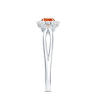 Fire opal and diamond flower engagement ring with split shank from Rosec Jewels, featuring a vibrant fire opal center and delicate diamond accents.