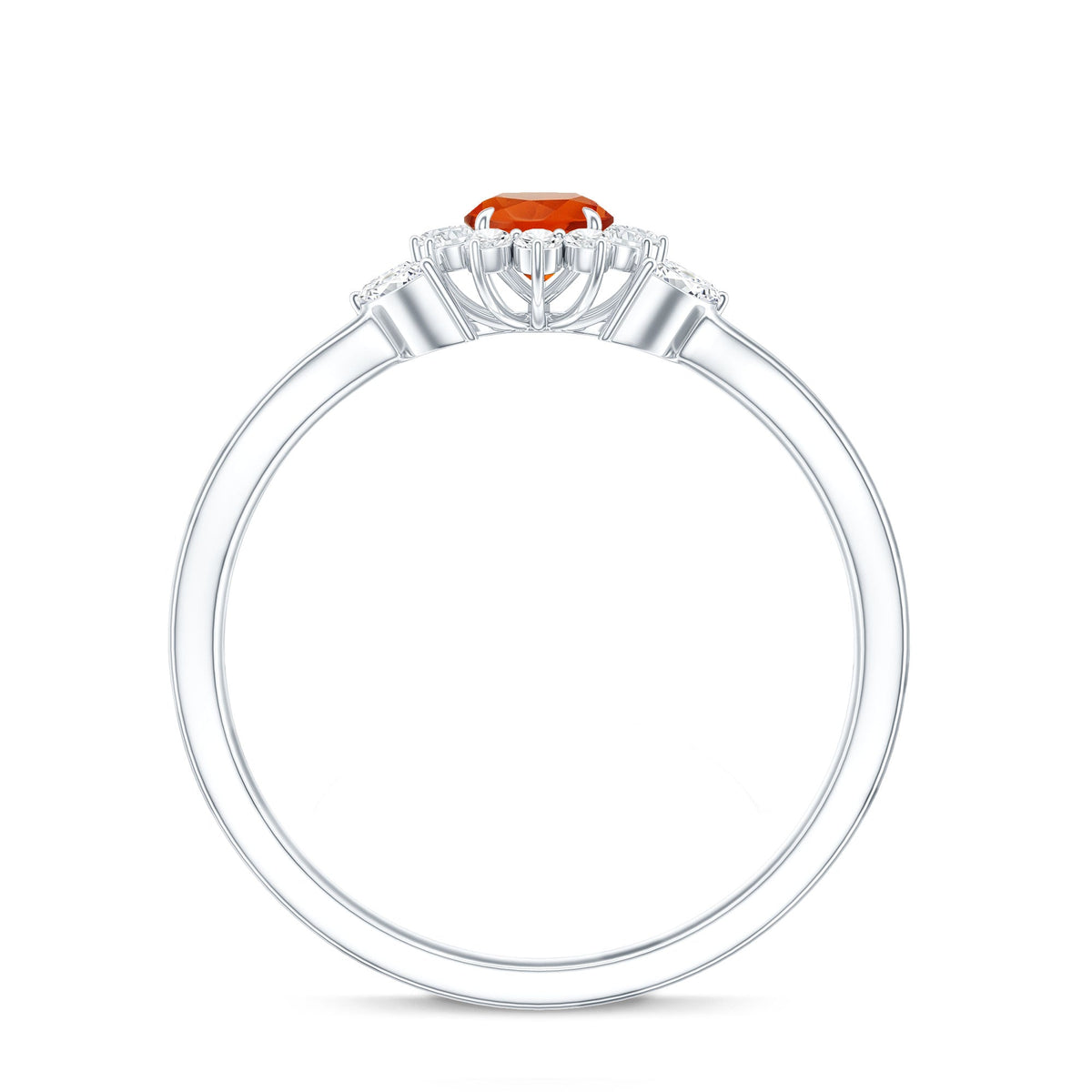 Fire opal and diamond flower engagement ring with split shank by Rosec Jewels, showcasing intricate floral design and sparkling gemstones.