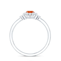 Fire opal and diamond flower engagement ring with split shank by Rosec Jewels, showcasing intricate floral design and sparkling gemstones.