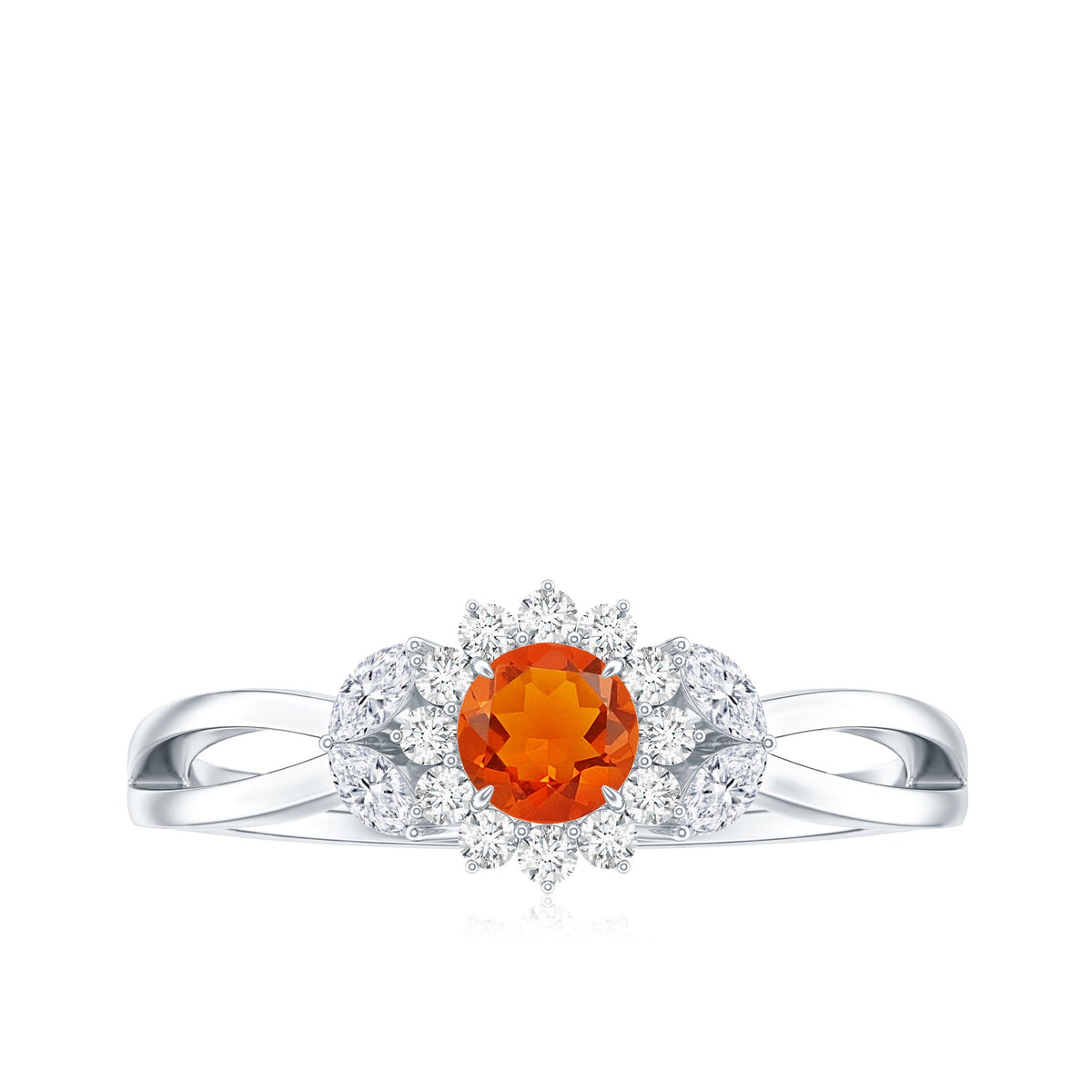 Fire opal and diamond flower engagement ring with split shank design by Rosec Jewels, showcasing vibrant gemstones and elegant craftsmanship.