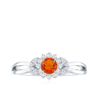 Fire opal and diamond flower engagement ring with split shank design by Rosec Jewels, showcasing vibrant gemstones and elegant craftsmanship.