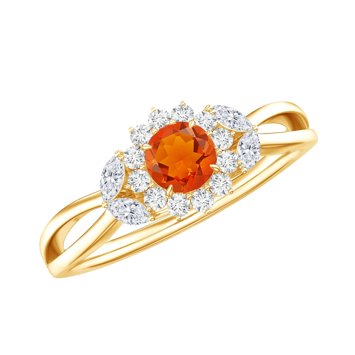 Fire opal and diamond flower engagement ring with split shank from Rosec Jewels, showcasing intricate floral design and sparkling gemstones.