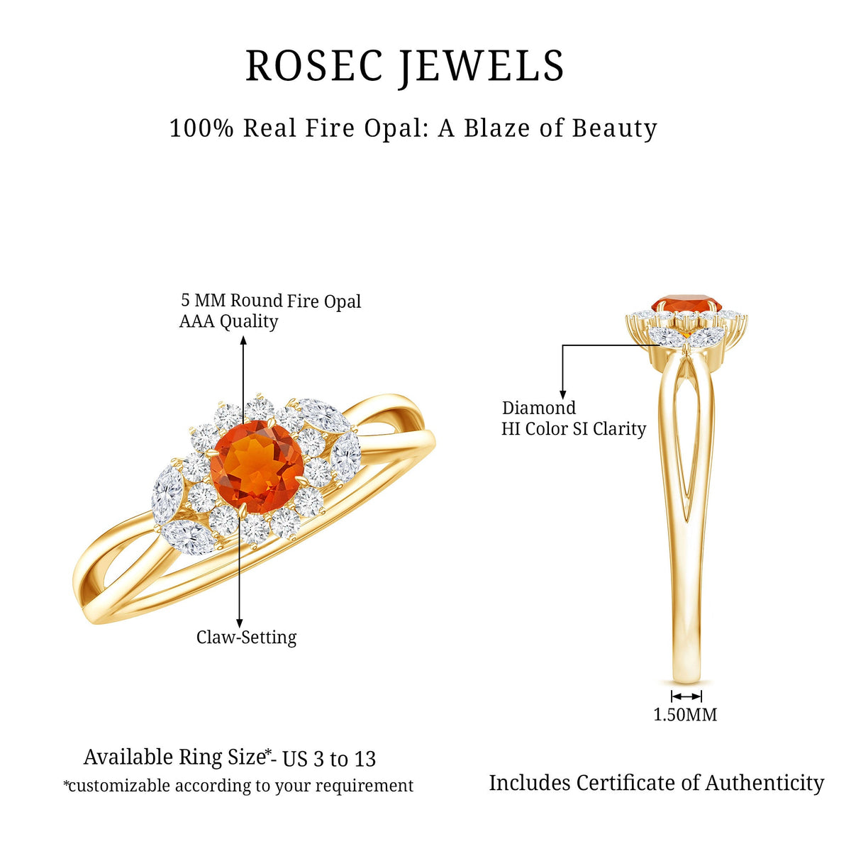 Fire opal and diamond flower engagement ring with split shank by Rosec Jewels, featuring vibrant gemstone and sparkling accents.