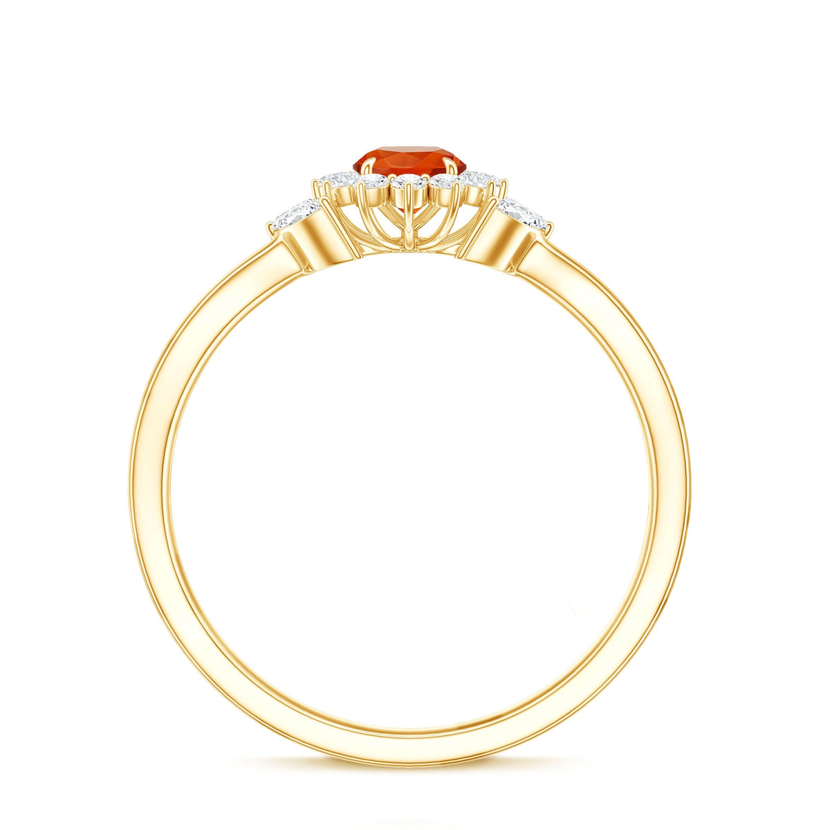 Fire Opal and diamond flower engagement ring with split shank from Rosec Jewels, featuring a floral design and sparkling gemstones.