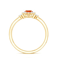 Fire Opal and diamond flower engagement ring with split shank from Rosec Jewels, featuring a floral design and sparkling gemstones.