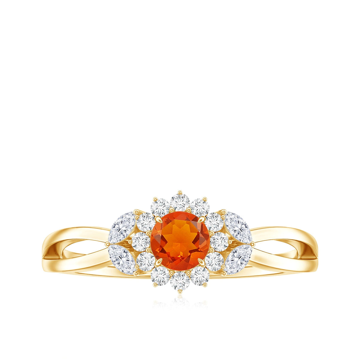 Fire opal and diamond flower engagement ring with split shank from Rosec Jewels, featuring a central fiery opal surrounded by sparkling diamonds.