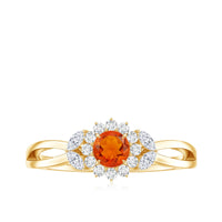 Fire opal and diamond flower engagement ring with split shank from Rosec Jewels, featuring a central fiery opal surrounded by sparkling diamonds.