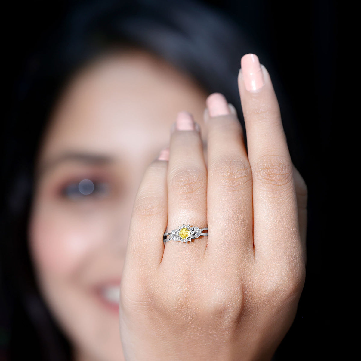 Real Yellow Sapphire Flower Engagement Ring with Diamond