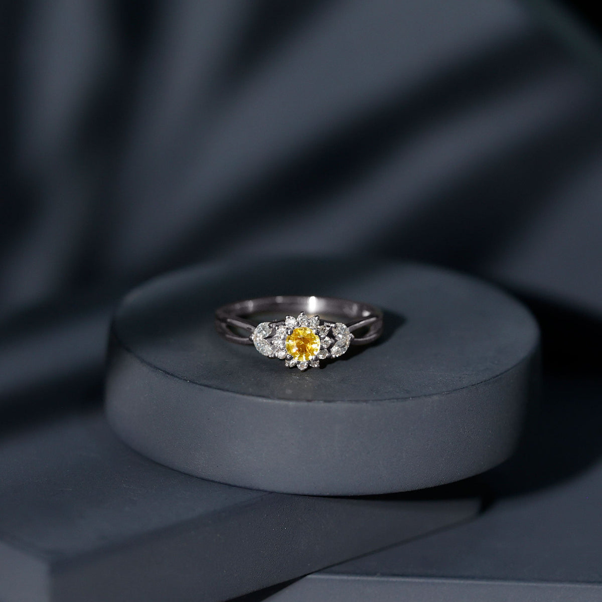 Real Yellow Sapphire Flower Engagement Ring with Diamond