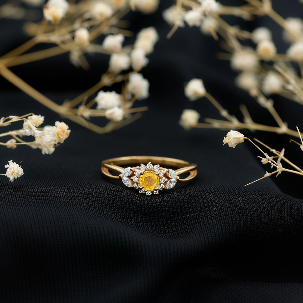 Real Yellow Sapphire Flower Engagement Ring with Diamond