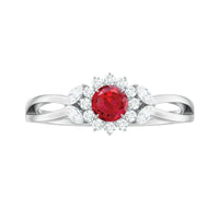 Lab Ruby and Diamond Flower Engagement Ring in Split Shank