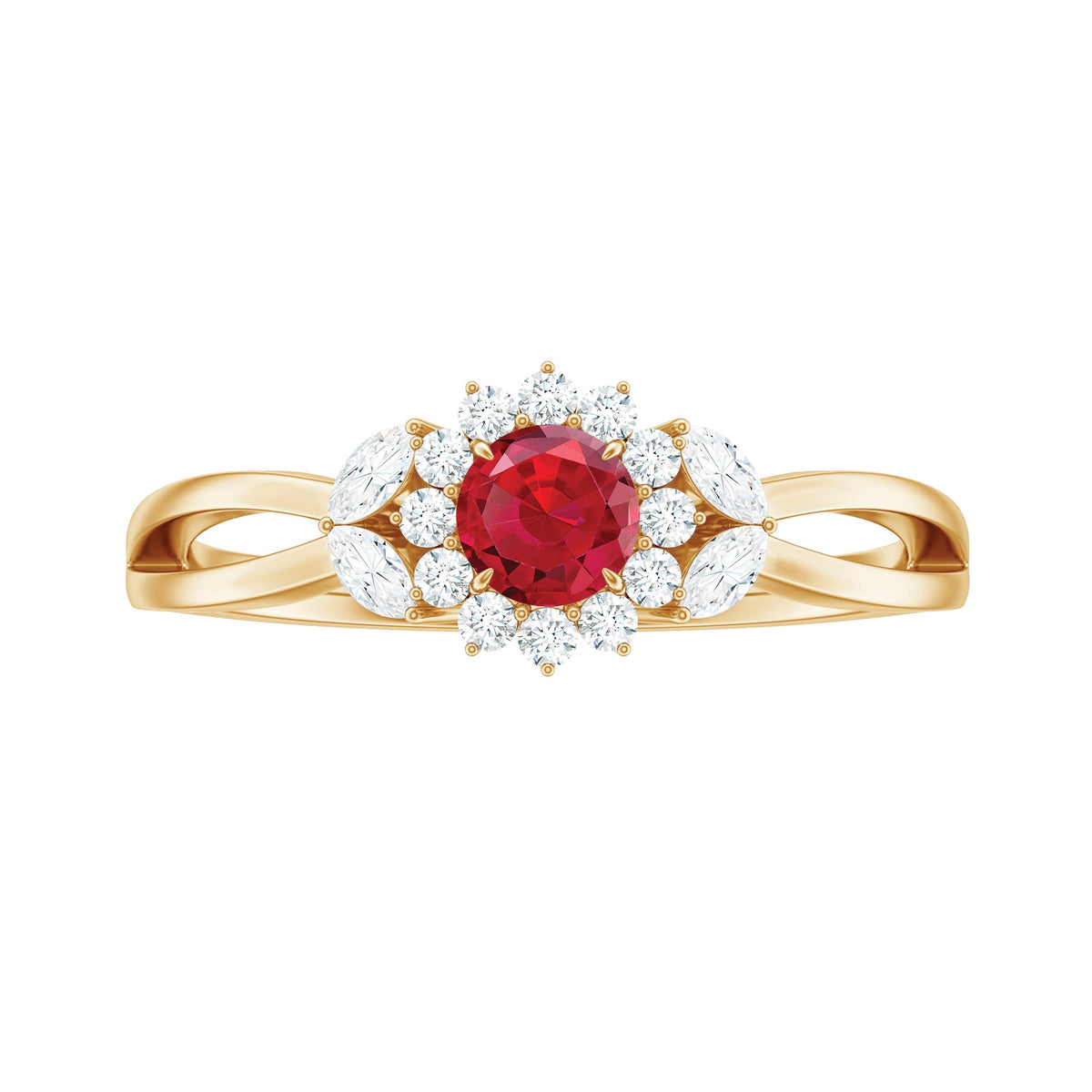 Lab Ruby and Diamond Flower Engagement Ring in Split Shank