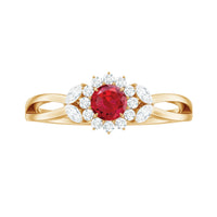 Lab Ruby and Diamond Flower Engagement Ring in Split Shank