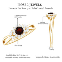 Natural Garnet Diamond Flower Engagement Ring with Split Shank