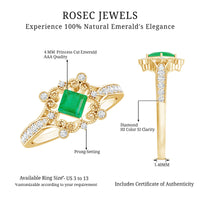 Antique Looking Emerald and Diamond Engagement Ring for Women