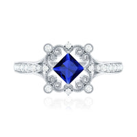 Vintage Inspired Lab Grown Blue Sapphire Engagement Ring with Diamond
