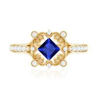 Vintage Inspired Lab Grown Blue Sapphire Engagement Ring with Diamond