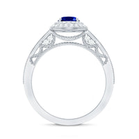 1 Carat Oval Lab Grown Blue Sapphire Diamond Vintage Engagement Ring with Double Halo