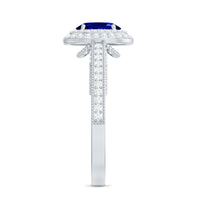 1 Carat Oval Lab Grown Blue Sapphire Diamond Vintage Engagement Ring with Double Halo