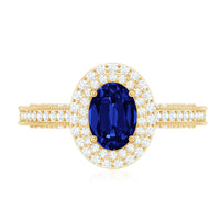 1 Carat Oval Lab Grown Blue Sapphire Diamond Vintage Engagement Ring with Double Halo