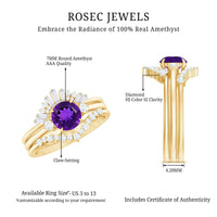 Natural 1.2 Carat Amethyst Diamond 3 Piece Bridal Ring Set