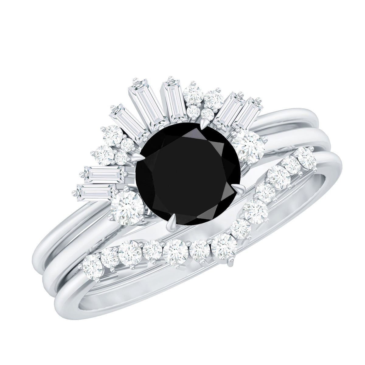 Vintage Looking Black Spinel 3 Piece Bridal Ring Set with Moissanite