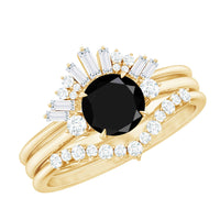 Vintage Looking Black Spinel 3 Piece Bridal Ring Set with Moissanite