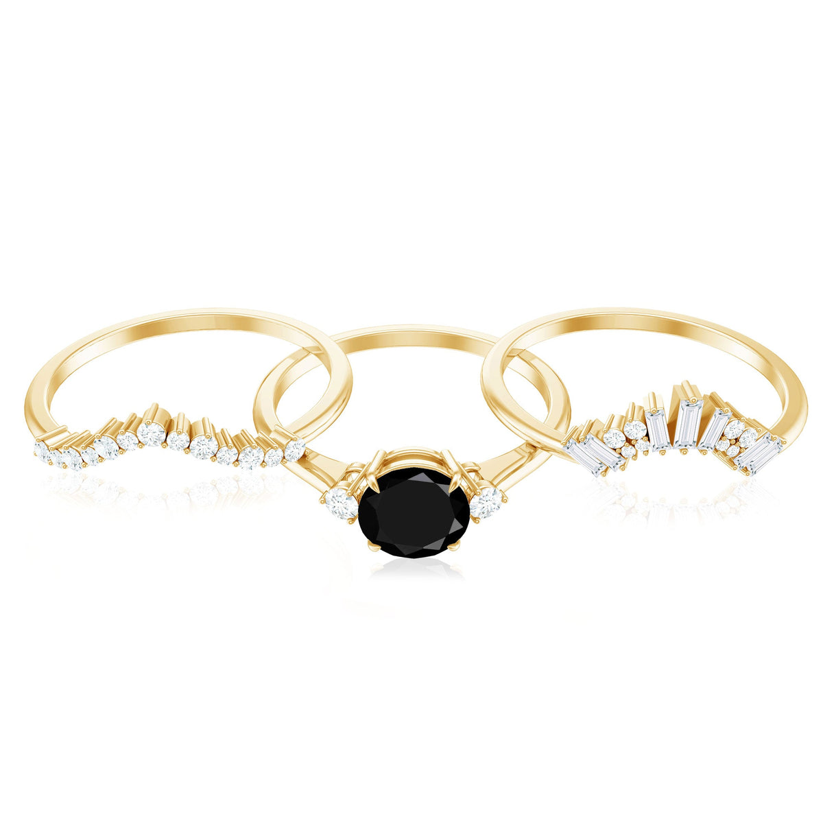 Vintage Looking Black Spinel 3 Piece Bridal Ring Set with Moissanite