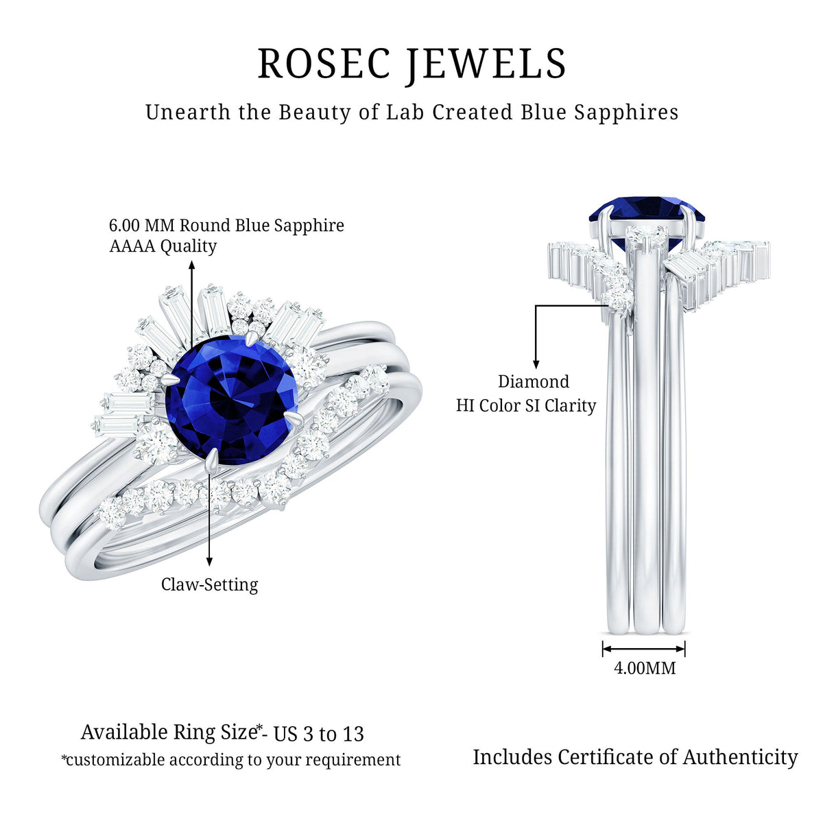 Certified Lab Grown Blue Sapphire 3 Piece Bridal Ring Set with Diamond