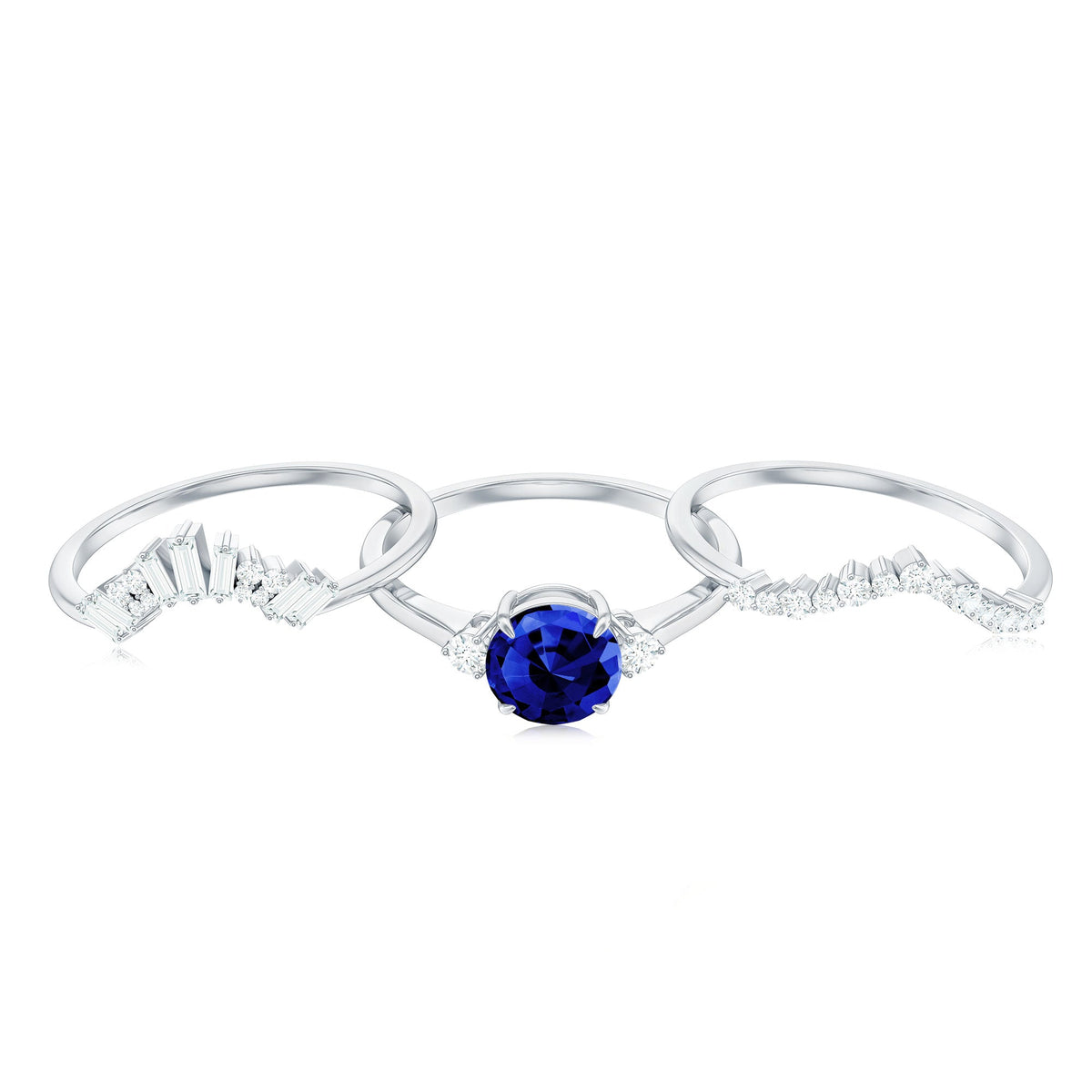 Certified Lab Grown Blue Sapphire 3 Piece Bridal Ring Set with Diamond