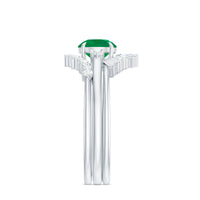 Vintage Inspired Emerald Diamond Wedding Bridal Ring Set of 3