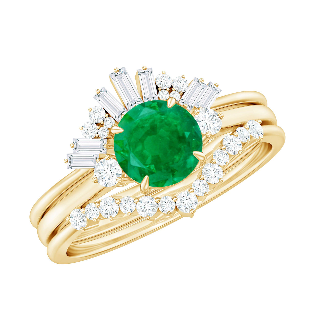 Vintage Inspired Emerald Diamond Wedding Bridal Ring Set of 3