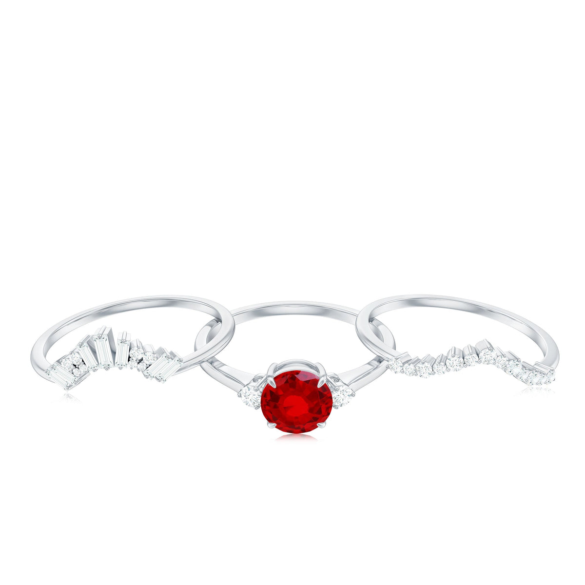 Vintage Inspired Lab Ruby and Diamond Trio Wedding Ring Set