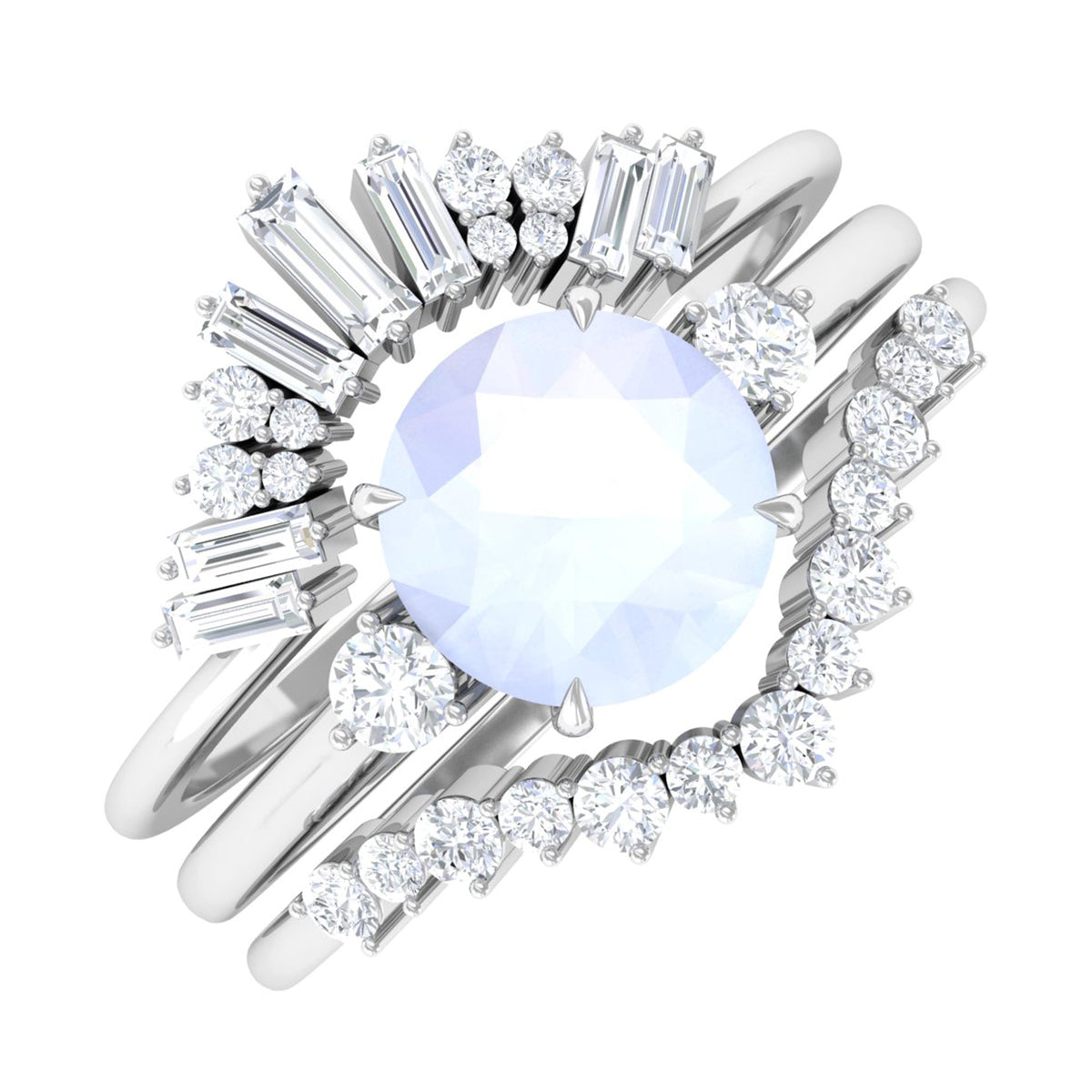 Round Moonstone Designer Trio Wedding Ring Set with Diamond