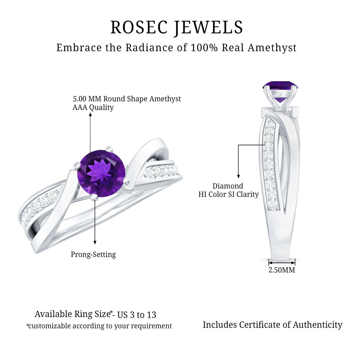 Real amethyst engagement ring by Rosec Jewels featuring a diamond infinity shank and a central purple amethyst gemstone.
