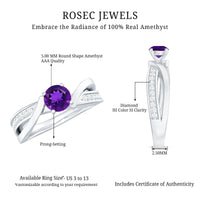 Real amethyst engagement ring by Rosec Jewels featuring a diamond infinity shank and a central purple amethyst gemstone.