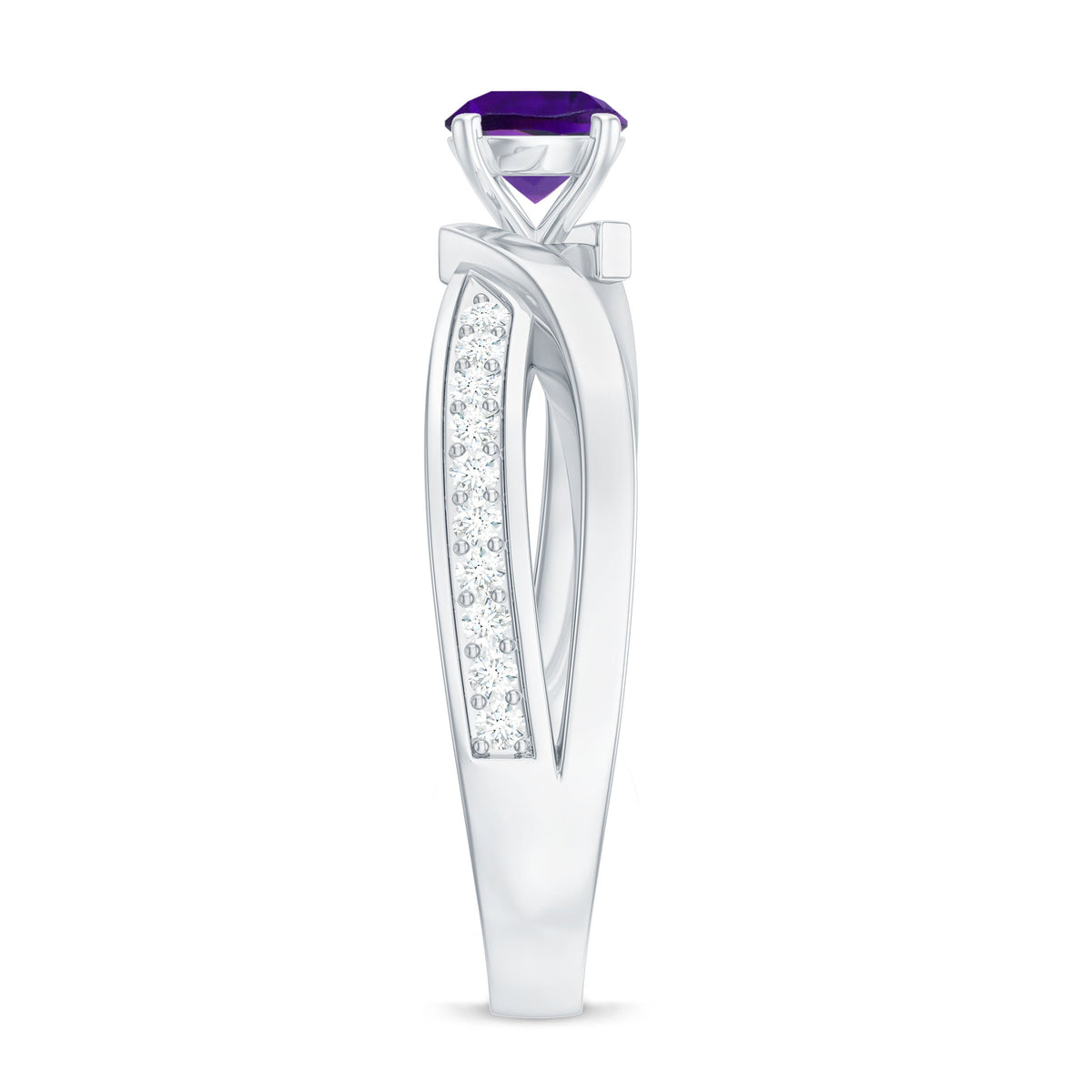 Real amethyst engagement ring with diamond infinity shank from Rosec Jewels, featuring a central purple amethyst gemstone and intricate band.