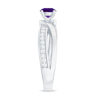 Real amethyst engagement ring with diamond infinity shank from Rosec Jewels, featuring a central purple amethyst gemstone and intricate band.