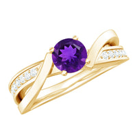 Real amethyst engagement ring with diamond infinity shank, featuring a central purple gemstone and intricate band design.