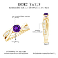 Real amethyst engagement ring with diamond infinity shank by Rosec Jewels, showcasing a central purple gemstone and intricate band detail.