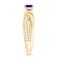 Real amethyst engagement ring with diamond infinity shank by Rosec Jewels, showcasing a purple amethyst gemstone and sparkling diamond accents.