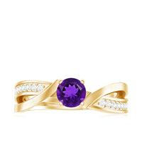 Real amethyst engagement ring with diamond infinity shank, featuring a large central amethyst gemstone and intricate diamond accents.