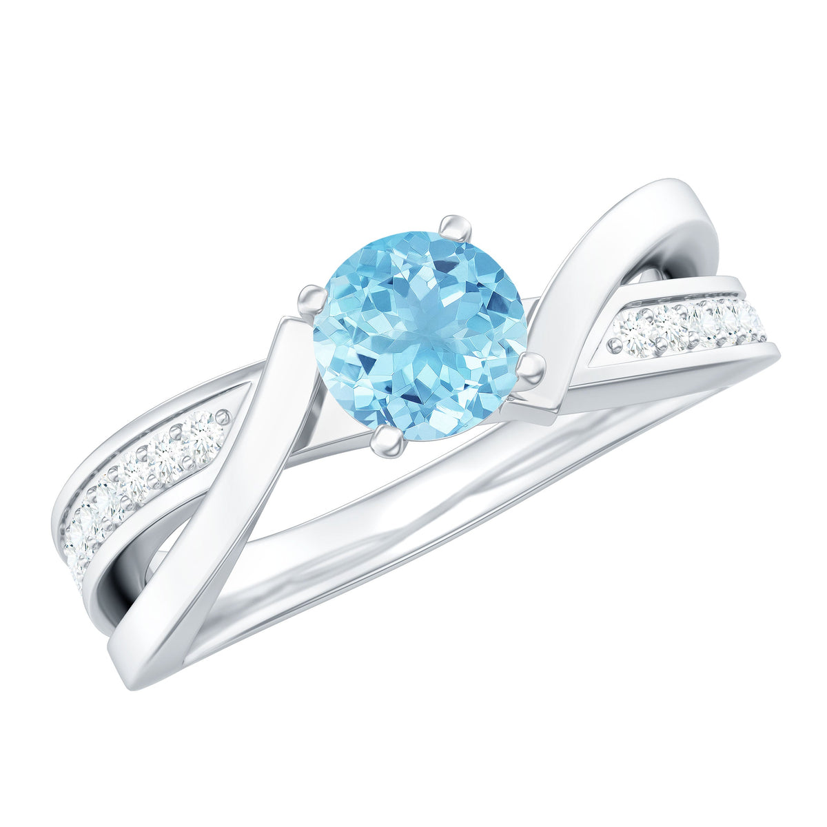Natural 0.8 carat aquamarine and diamond infinity engagement ring by Rosec Jewels, featuring a sparkling center stone and intricate band design.