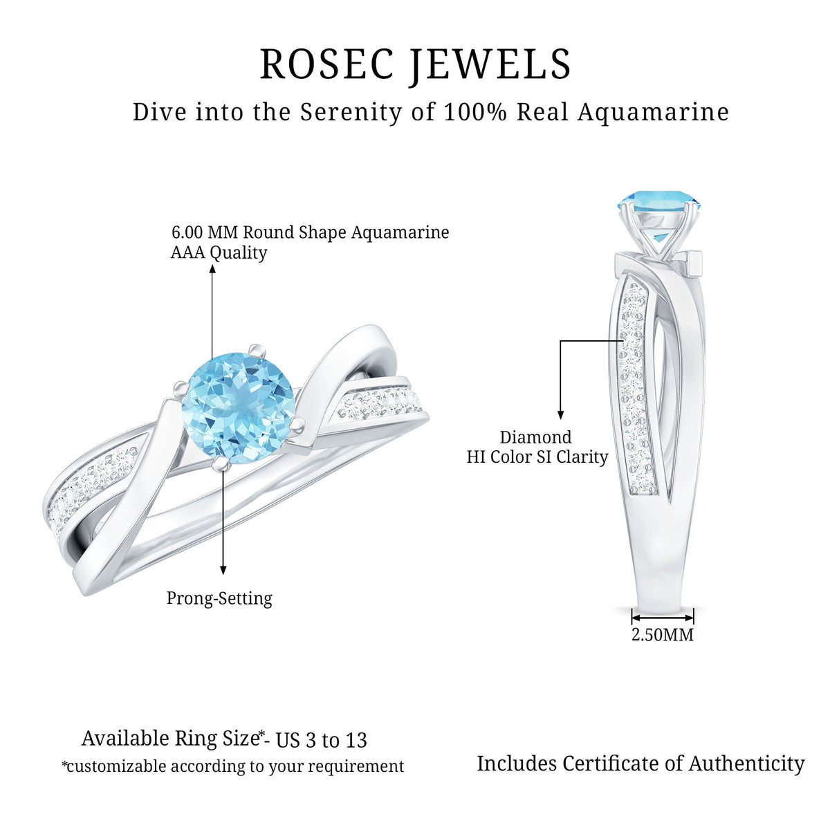 Natural 0.8 carat aquamarine and diamond infinity engagement ring from Rosec Jewels, showcasing a delicate band with shimmering stones.