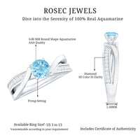 Natural 0.8 carat aquamarine and diamond infinity engagement ring from Rosec Jewels, showcasing a delicate band with shimmering stones.