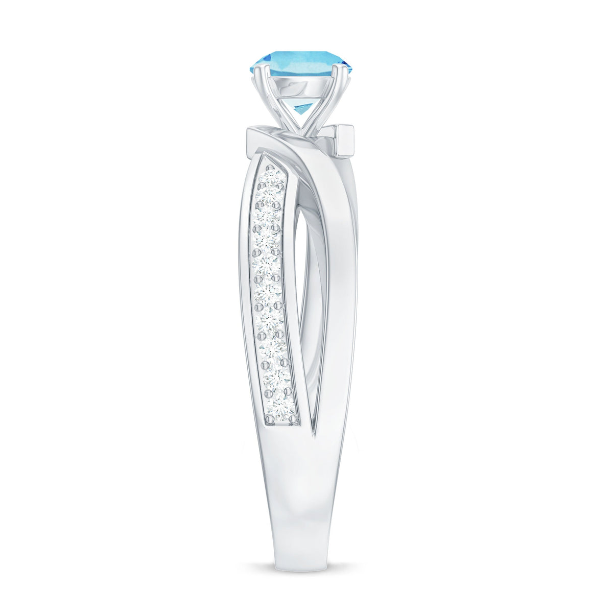 Natural 0.8 carat aquamarine and diamond infinity engagement ring by Rosec Jewels featuring a delicate band and sparkling gemstones.