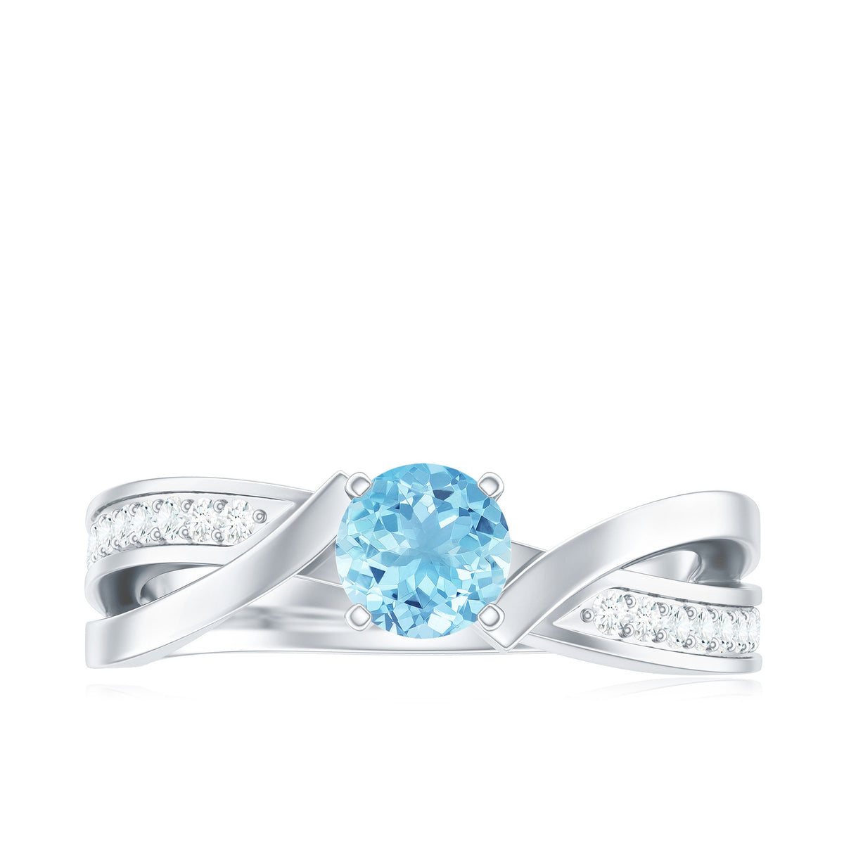 Natural 0.8 carat aquamarine and diamond infinity engagement ring by Rosec Jewels, featuring a detailed close-up of the ring's design.